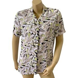 ALIA Womens Size 10 Retro Print Short Sleeve Button Front Collared Shirt